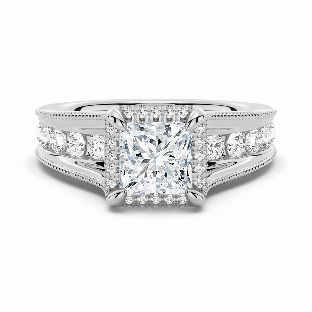 Milgrain Vintage Princess Cut & Round Moissanite Engagement Ring Dynamic Feature