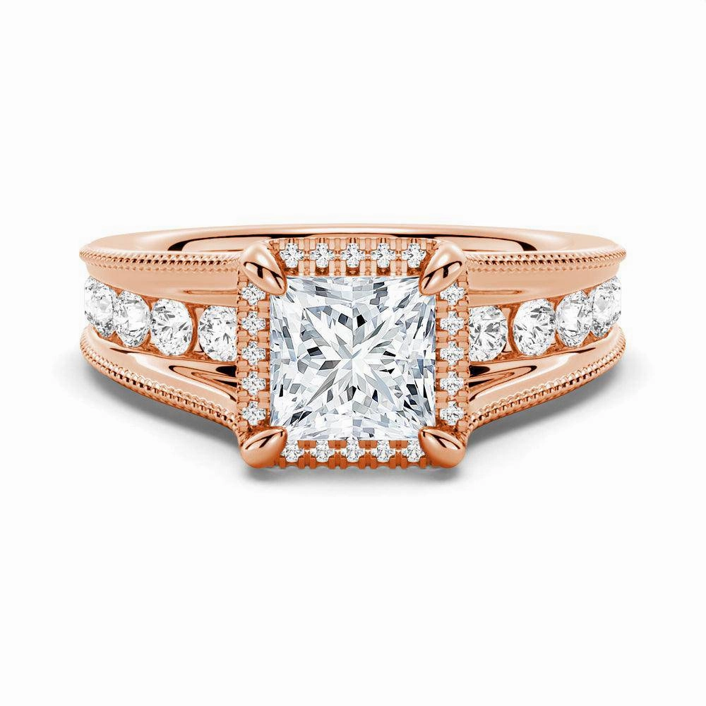 Gloss Edge Milgrain Vintage Princess Cut & Round Moissanite Engagement Ring