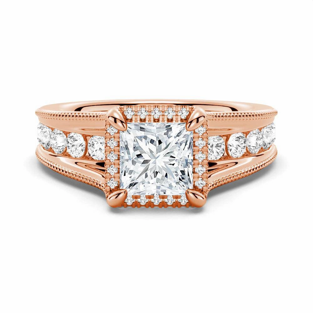 Milgrain Vintage Princess Cut & Round Moissanite Engagement Ring Signature Highlight Opulent Accent