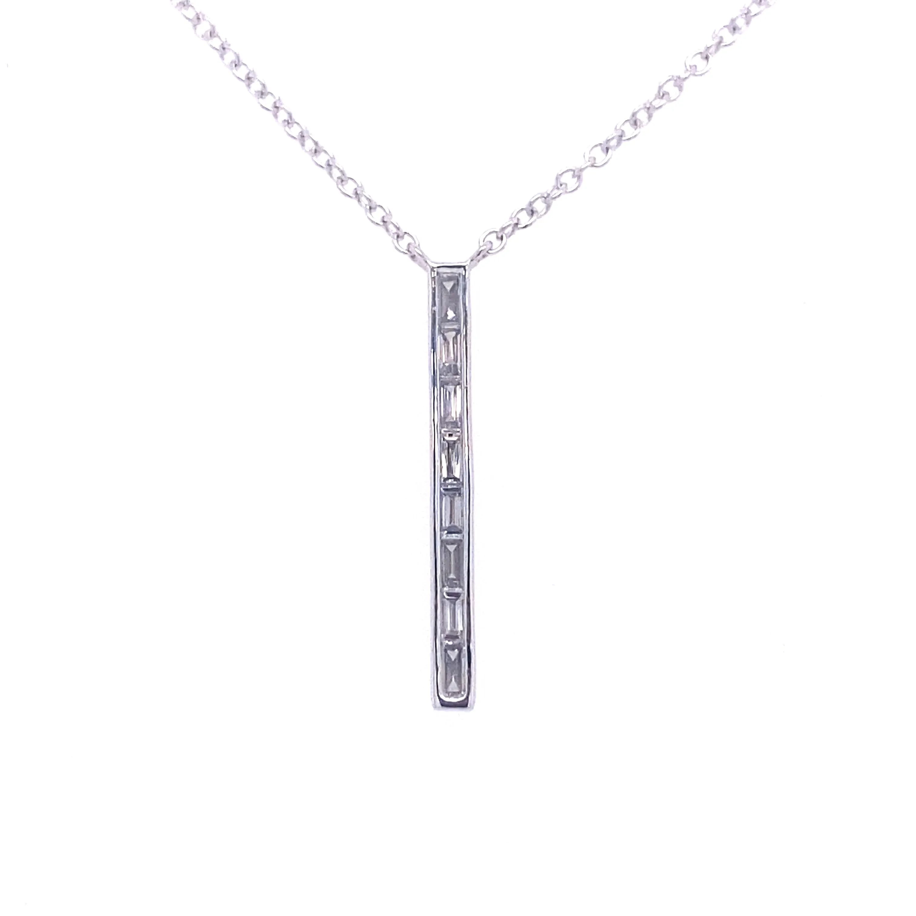 Polished Shine Subtle Mood Bremer Jewelry 14K White Gold Straight Baguette Shape Diamonds Drop Pendant with a 14K White Gold Link Necklace (0.14ctw)