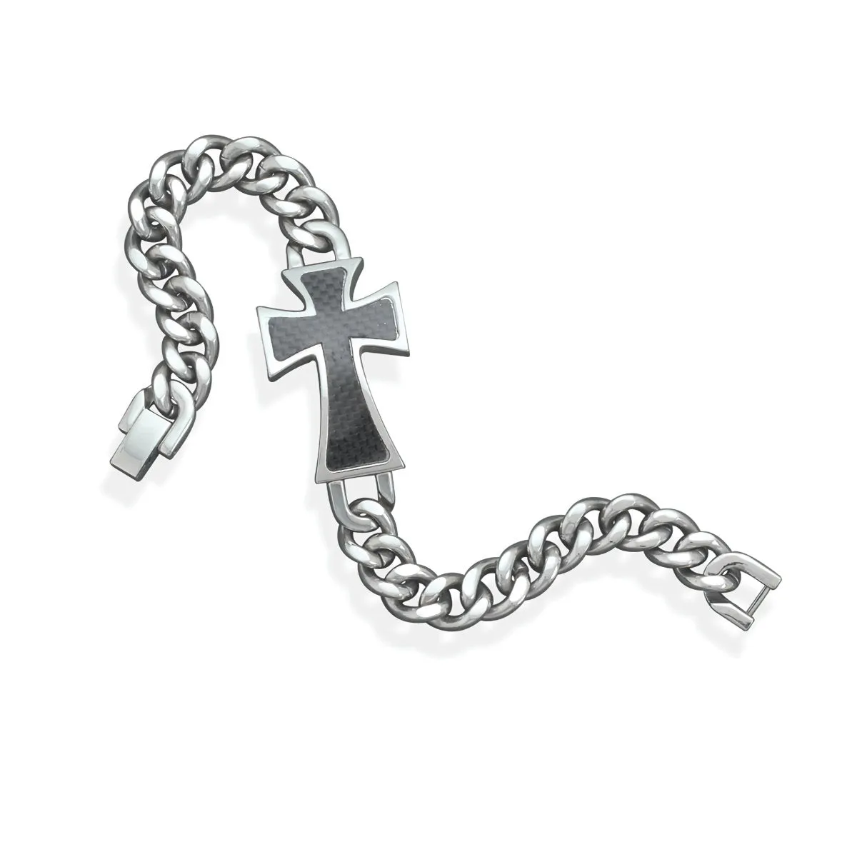 Sparkle Surface Vibrant Shine Finish Mens Cross  Bracelet with Carbon Fiber Stainless Steel