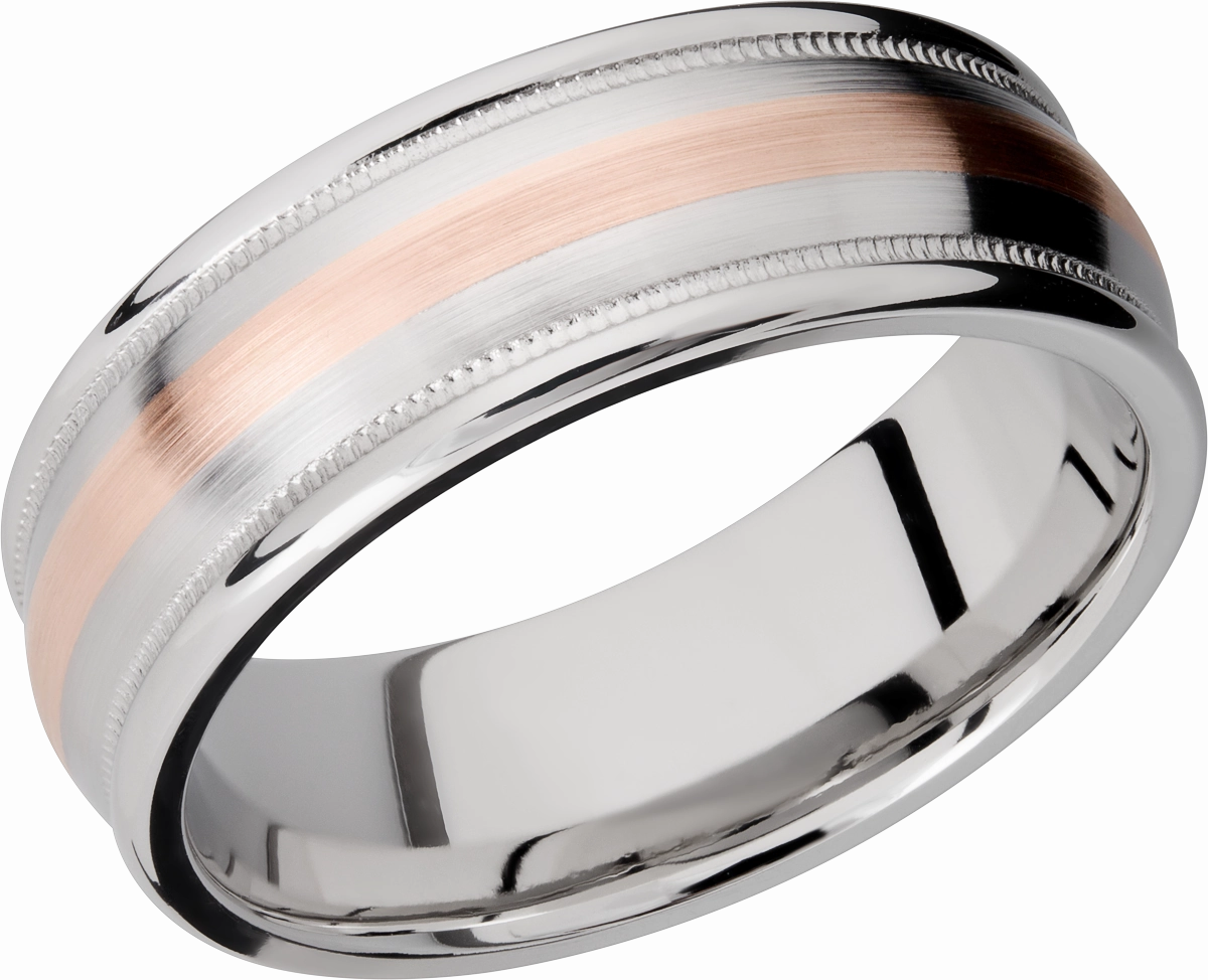 Exclusive Accessories Cobalt chrome 8mm domed band with rounded edges and 14K rose gold inlays in reverse milgrain
