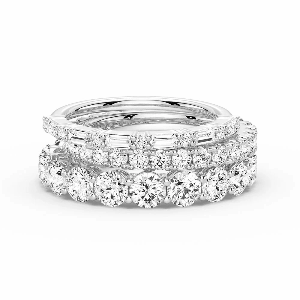 Inspired Feature Round and Baguette Cut Moissanite Bands with French Pave Band Stacking Rings