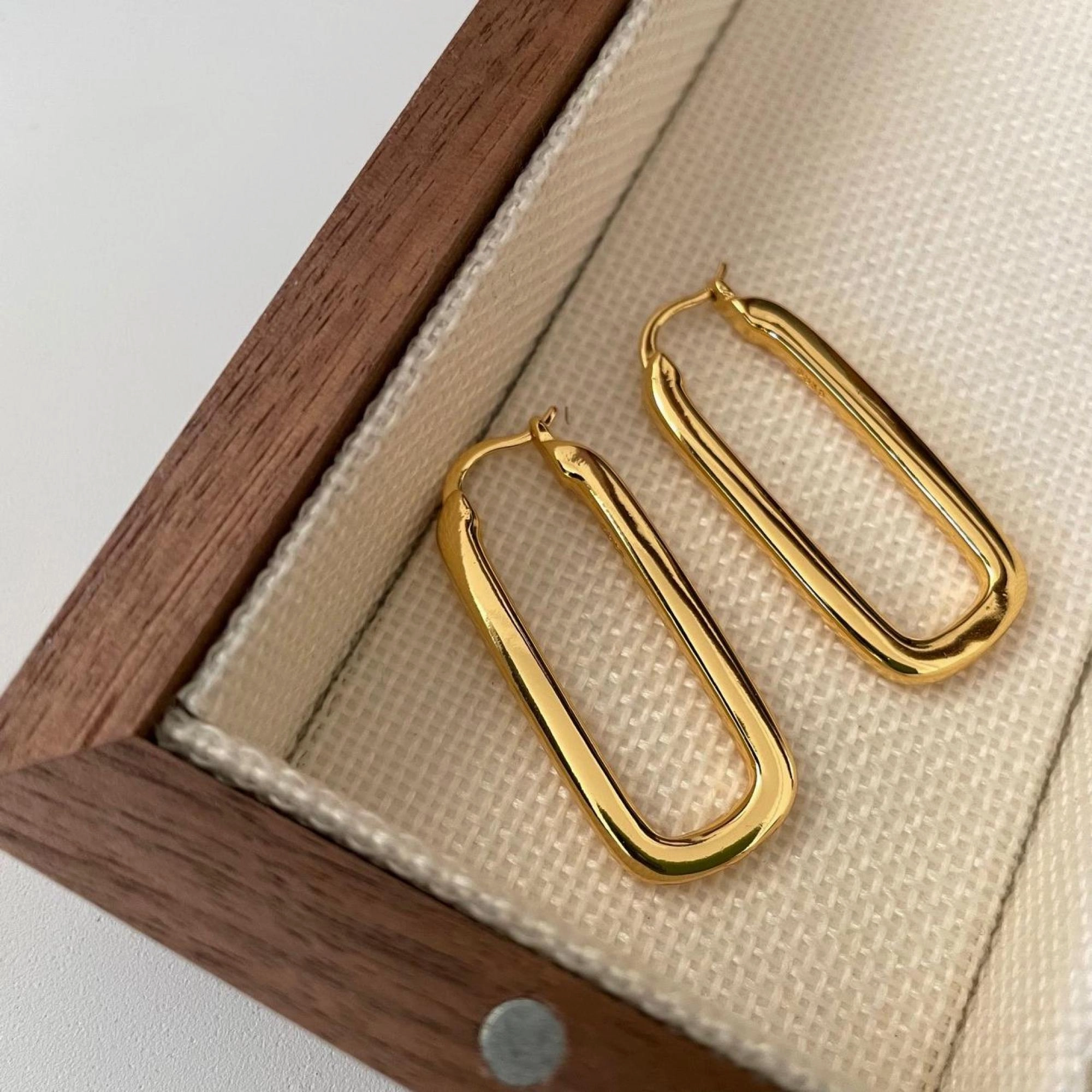 Long Rectangle Hoop Earrings S925 | Gold Geometric Hoop Earring, Chunky Gold Geometric Earrings, Minimalist Drop Earrings Delicate Form Delicate Layer