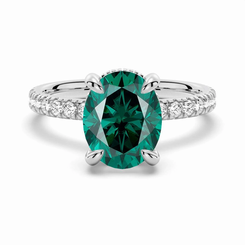 Chic piece Sparkling finish 2 CT. Micropav?? Oval Green Moissanite Engagement Ring With Hidden Halo