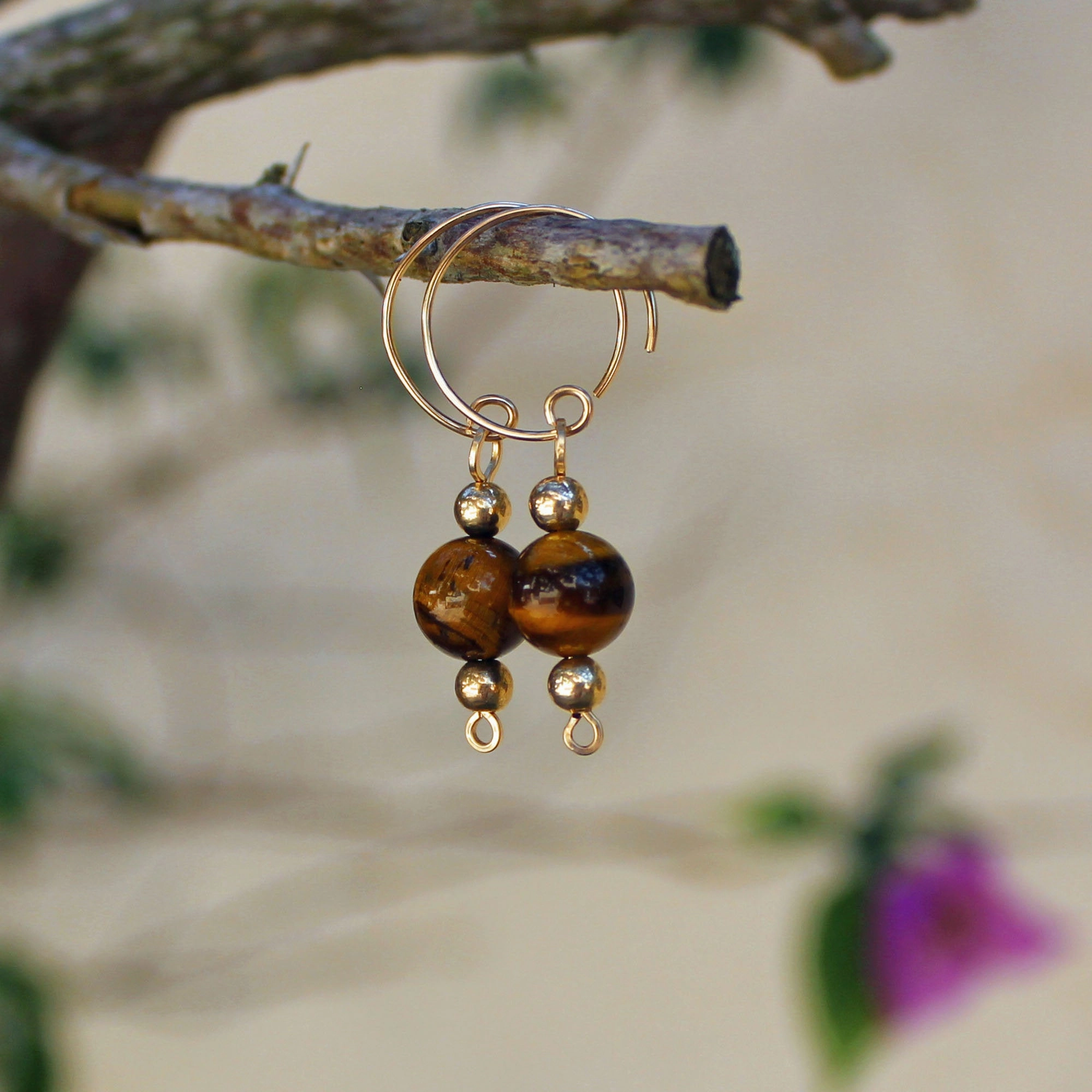 Glowing 8mm Tiger Eye 14K Gold Filled Dangle Earrings Elegant Accent Wedding Piece