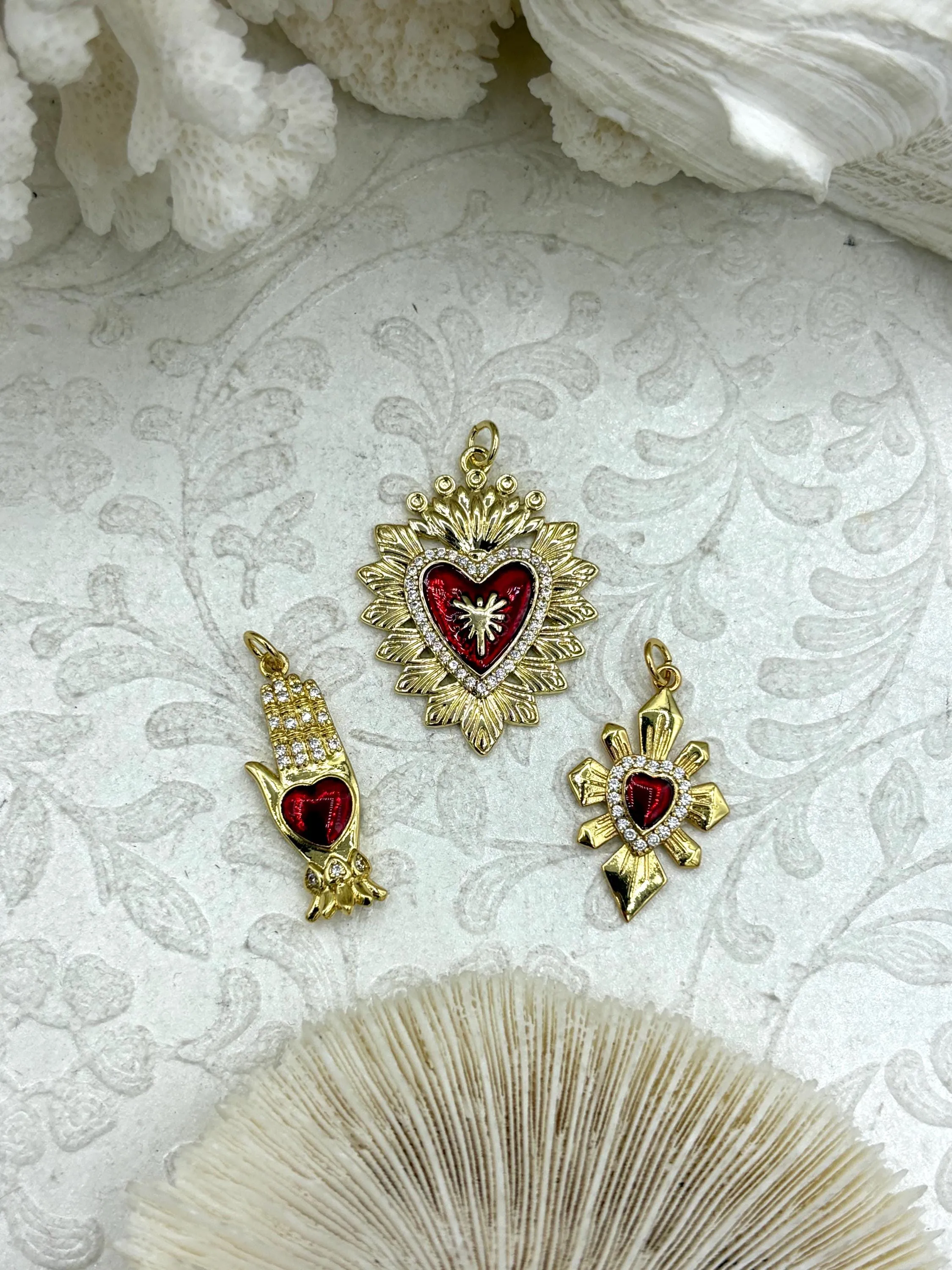 Resilient Jewelry Gold and Red Plated Brass Heart CZ Charms, 3 styles, High Quality Heart Charms, Hand and Heart Red Heart Charms. Fast Ship