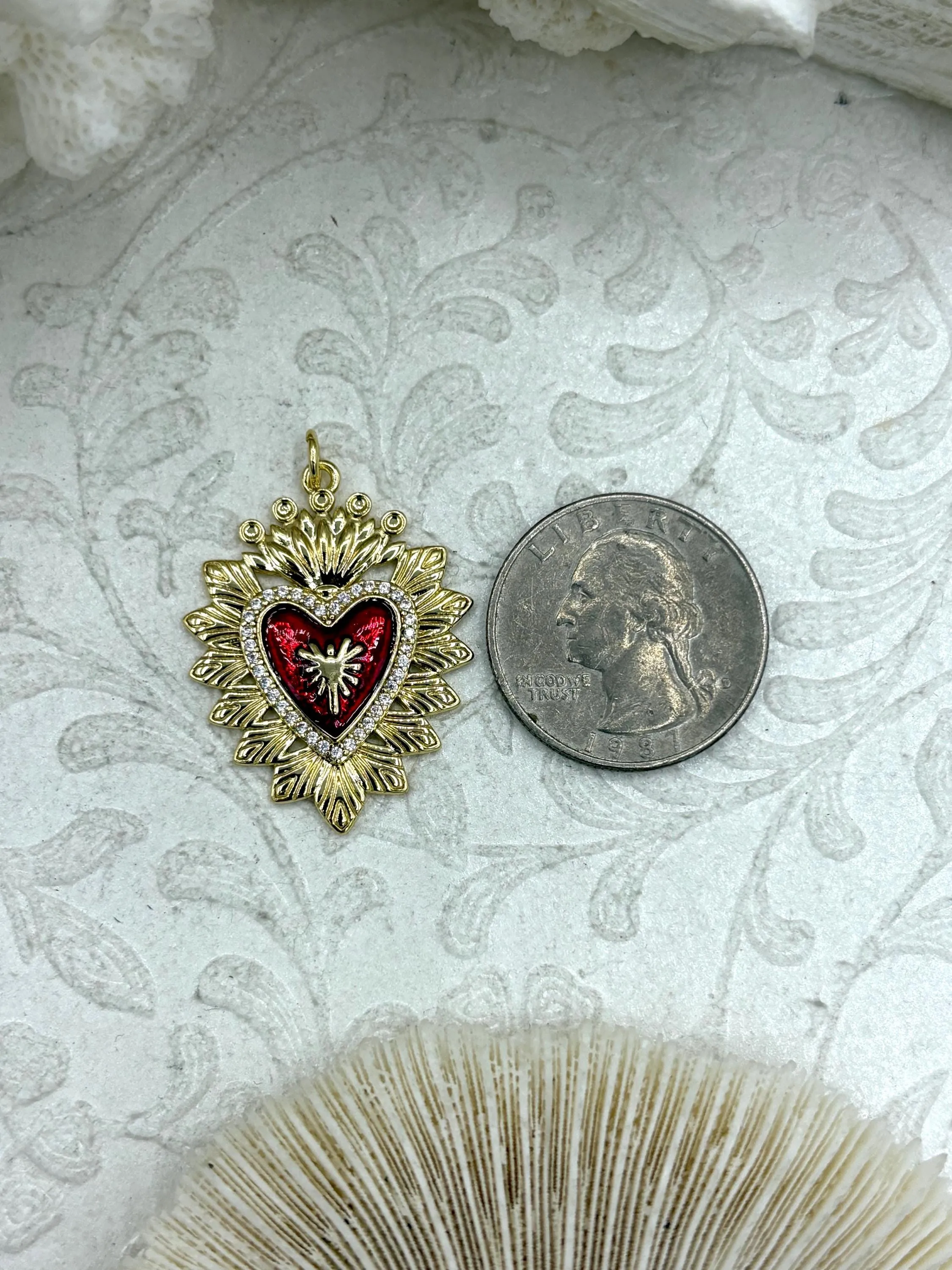 Gold and Red Plated Brass Heart CZ Charms, 3 styles, High Quality Heart Charms, Hand and Heart Red Heart Charms. Fast Ship Fresh Gift Summer Mood