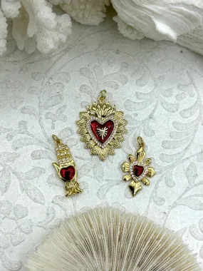 Resilient Jewelry Gold and Red Plated Brass Heart CZ Charms, 3 styles, High Quality Heart Charms, Hand and Heart Red Heart Charms. Fast Ship