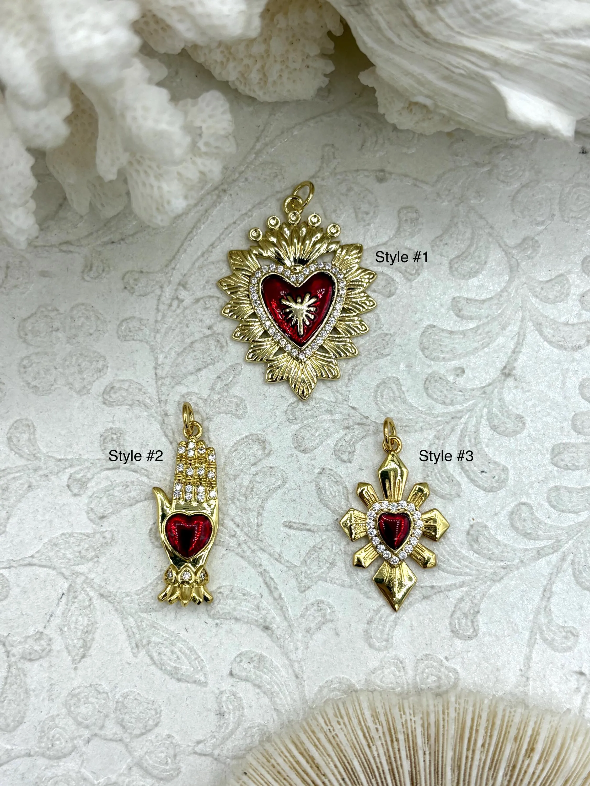 Fashionable Piece Gold and Red Plated Brass Heart CZ Charms, 3 styles, High Quality Heart Charms, Hand and Heart Red Heart Charms. Fast Ship