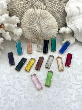 Gold Bezel Rectangle Crystal Pendants,  Rectangle Gold trimmed Pendants, Gold Trimmed Charms. Crystal Charms 15 Colors, Fast Ship Engagement Party Bright Mood