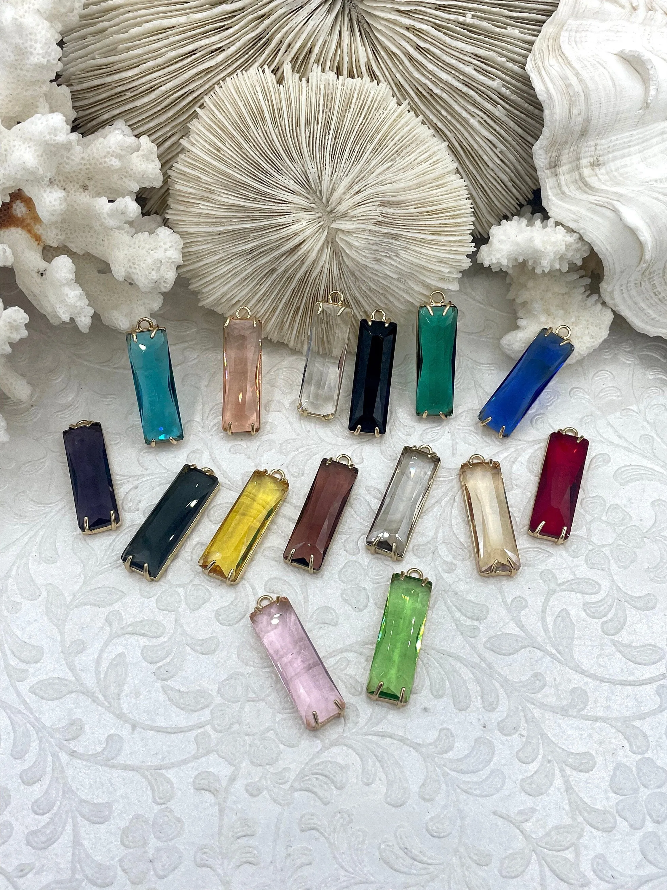 Gold Bezel Rectangle Crystal Pendants,  Rectangle Gold trimmed Pendants, Gold Trimmed Charms. Crystal Charms 15 Colors, Fast Ship Engagement Party Bright Mood