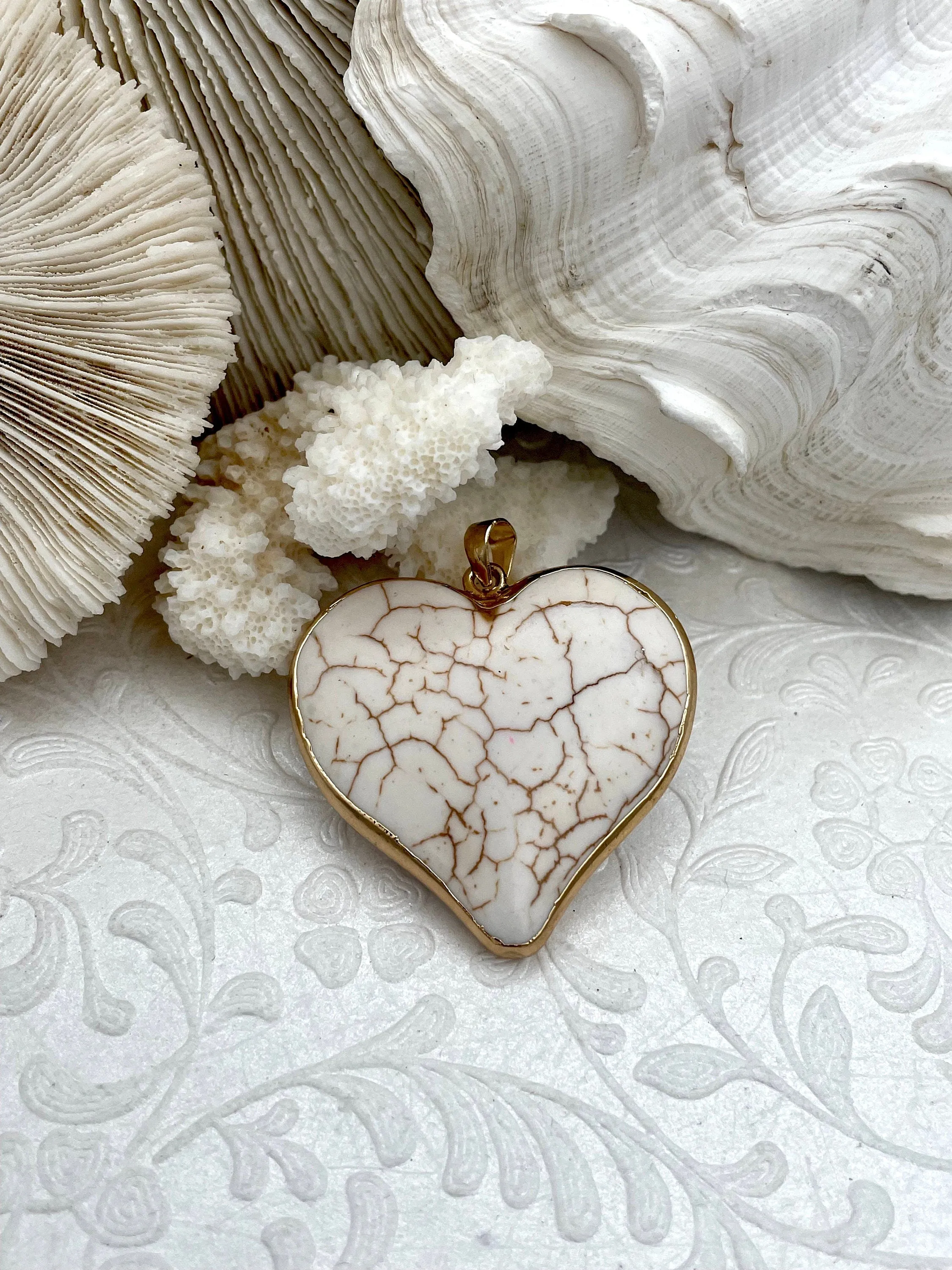 City Look Exclusive Present Gold Soldered Heart Shaped Howlite Stone Pendants and charms. White Howlite Heart, gold plated brass, alls tones unique. Fast Shipping