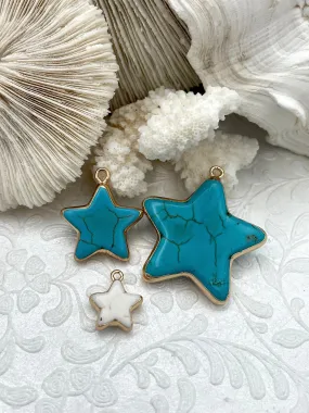 Gold Soldered Star Shaped Howlite Stone Pendants and charms. 3 colors, white, black, or turquoise, 3 sizes, Gold Bale . Fast Shipping Lightweight Adornment Nuptial Jewelry
