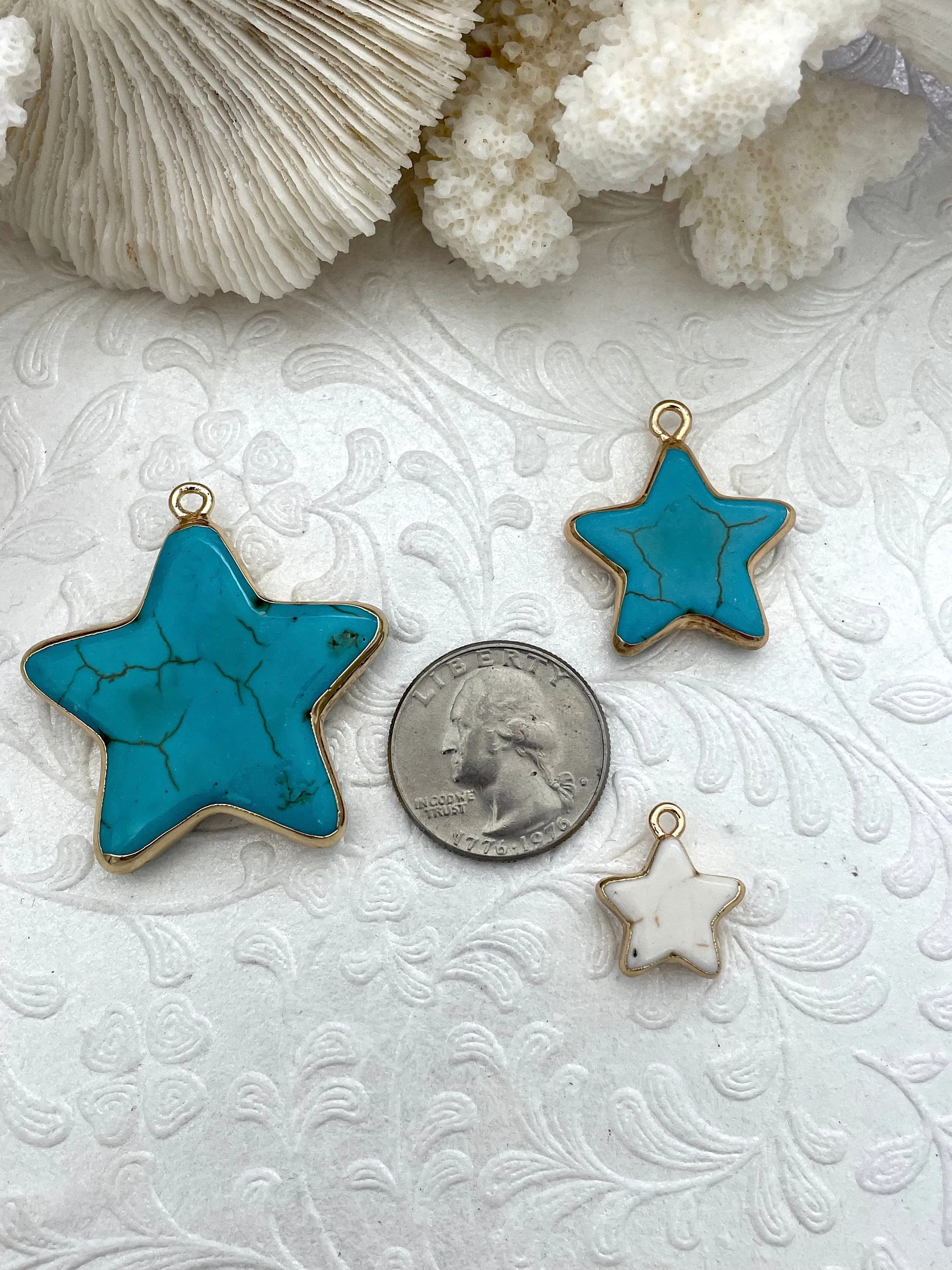 Date Night Accessory Gold Soldered Star Shaped Howlite Stone Pendants and charms. 3 colors, white, black, or turquoise, 3 sizes, Gold Bale . Fast Shipping
