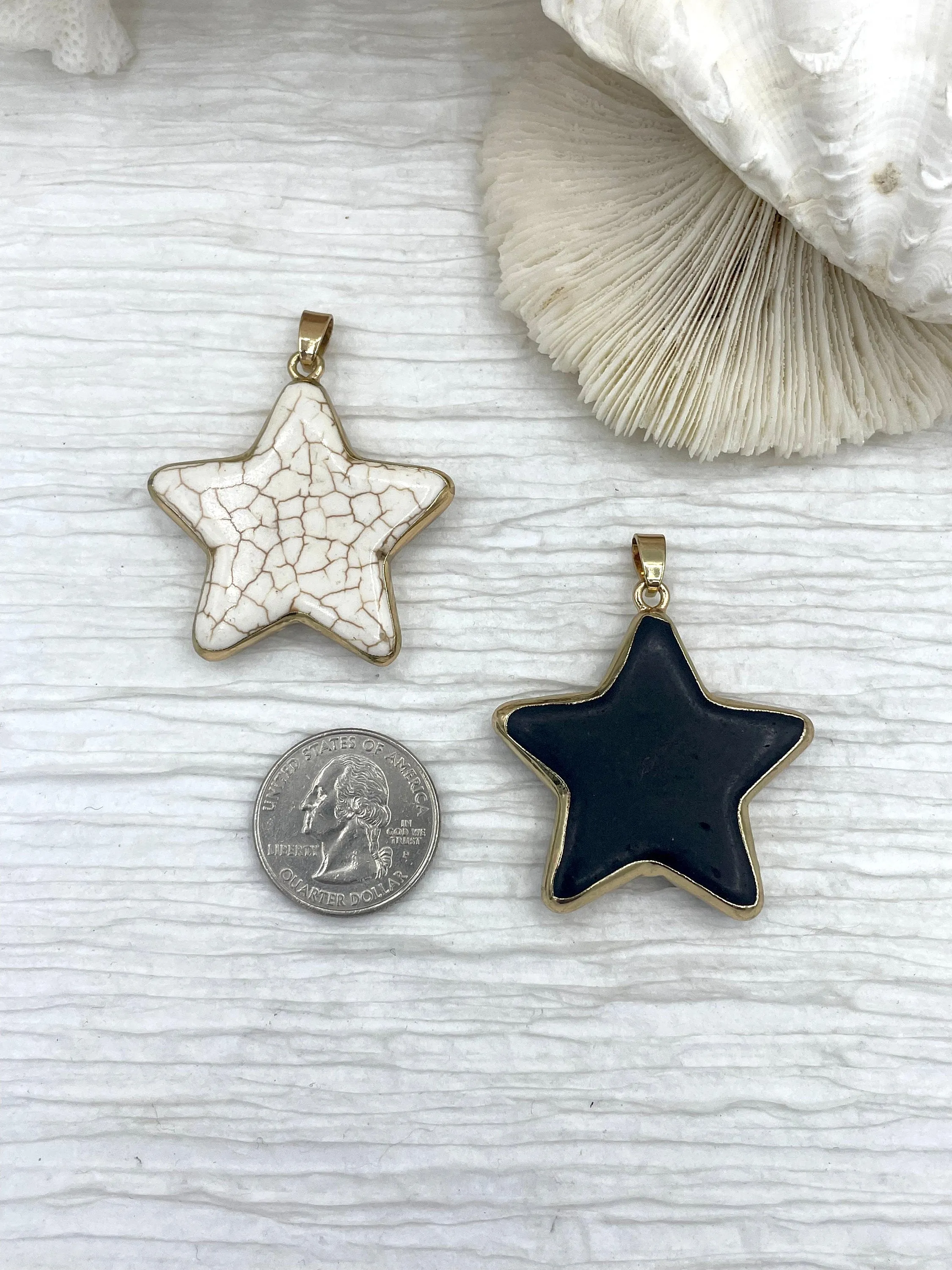 Chic Minimal Dramatic Accent Gold Soldered Star Shaped Howlite Stone Pendants and charms. 3 colors, white, black, or turquoise, 3 sizes, Gold Bale . Fast Shipping