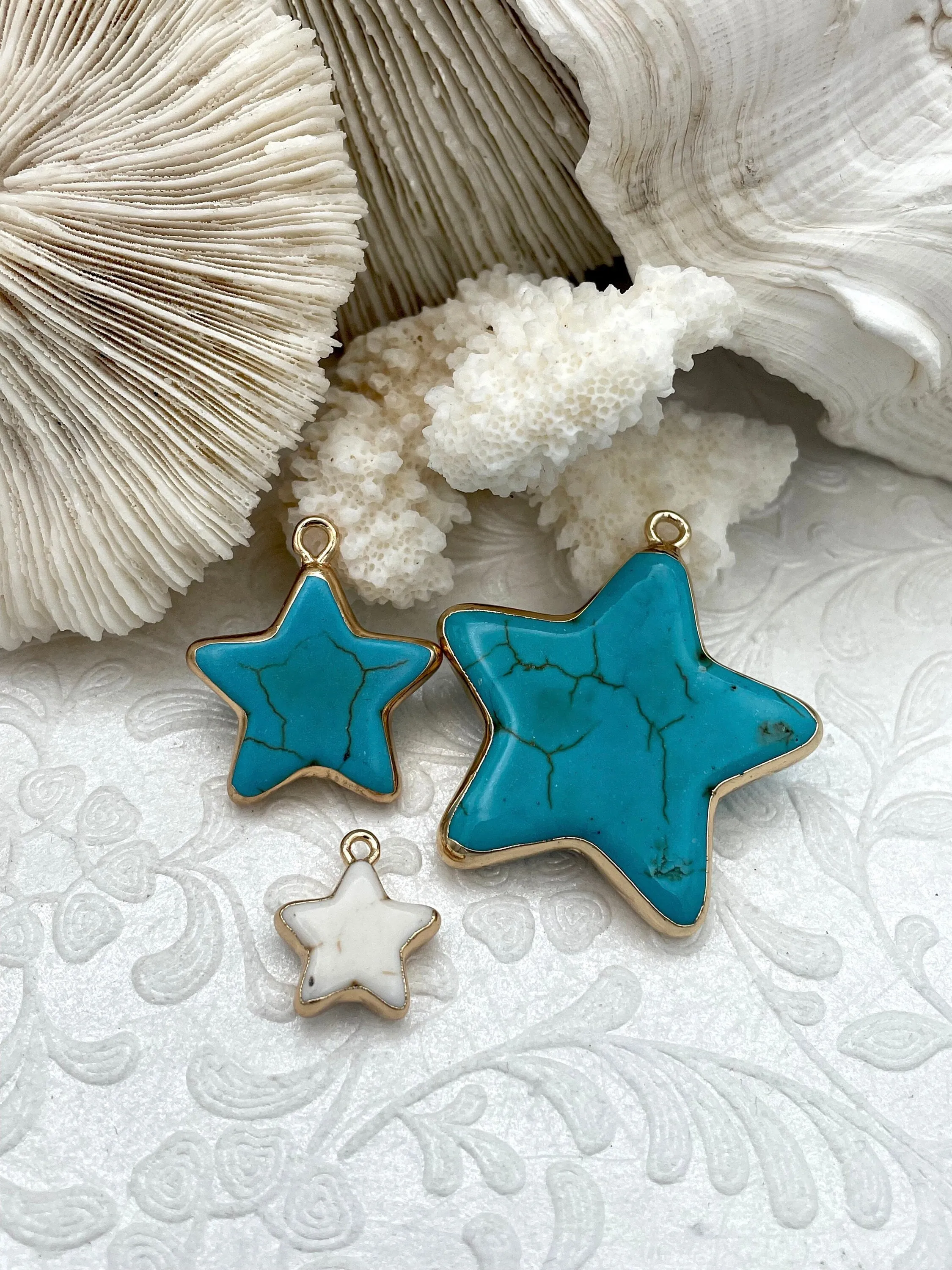 Gold Soldered Star Shaped Howlite Stone Pendants and charms. 3 colors, white, black, or turquoise, 3 sizes, Gold Bale . Fast Shipping Lightweight Adornment Nuptial Jewelry
