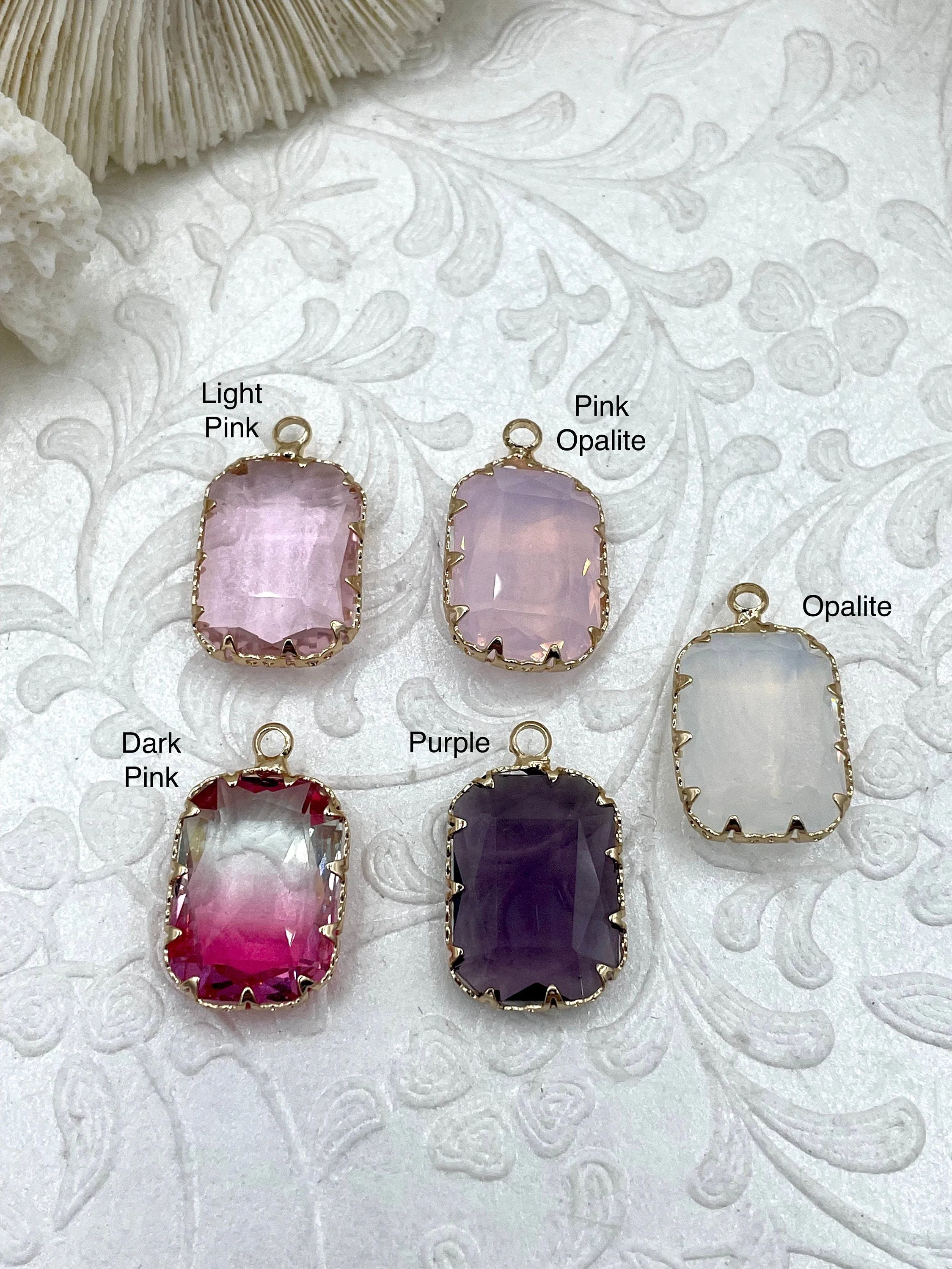Gold Trimmed Colorful Rectangle Crystals, Gold trimmed Pendants, Gold Trimmed Crystal Charms. Colorful Crystal Charms 11 Styles, Fast Ship Evening Out