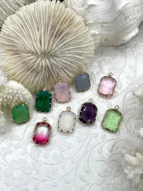 Safe Item Gold Trimmed Colorful Rectangle Crystals, Gold trimmed Pendants, Gold Trimmed Crystal Charms. Colorful Crystal Charms 11 Styles, Fast Ship