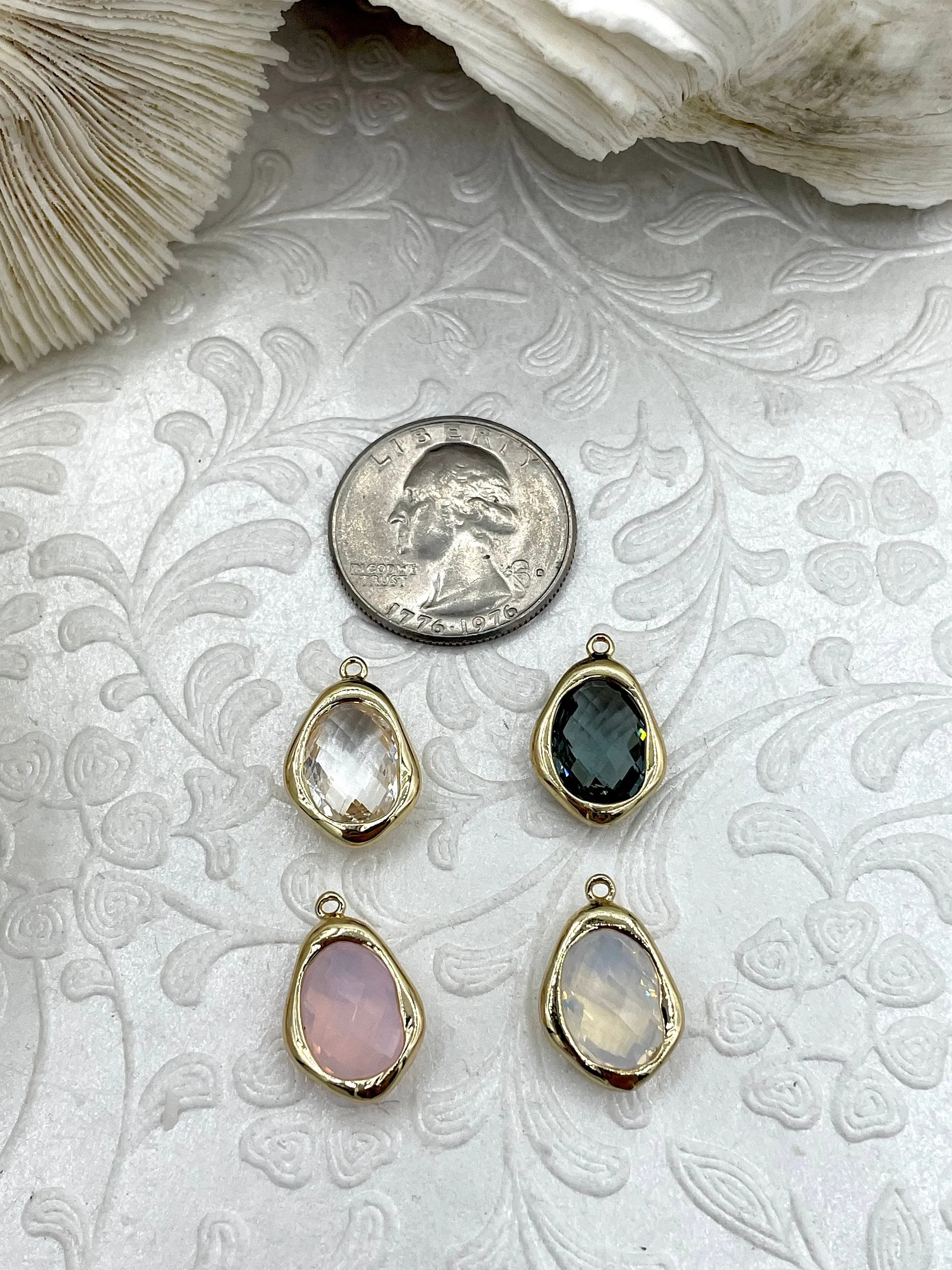 Gentle Finish Gold Trimmed Crystal  Drop Pendants, Gold Trimmed Charms. Gold plated bezel, 4 styles, clear, grey, cream, and pink. Fast Ship