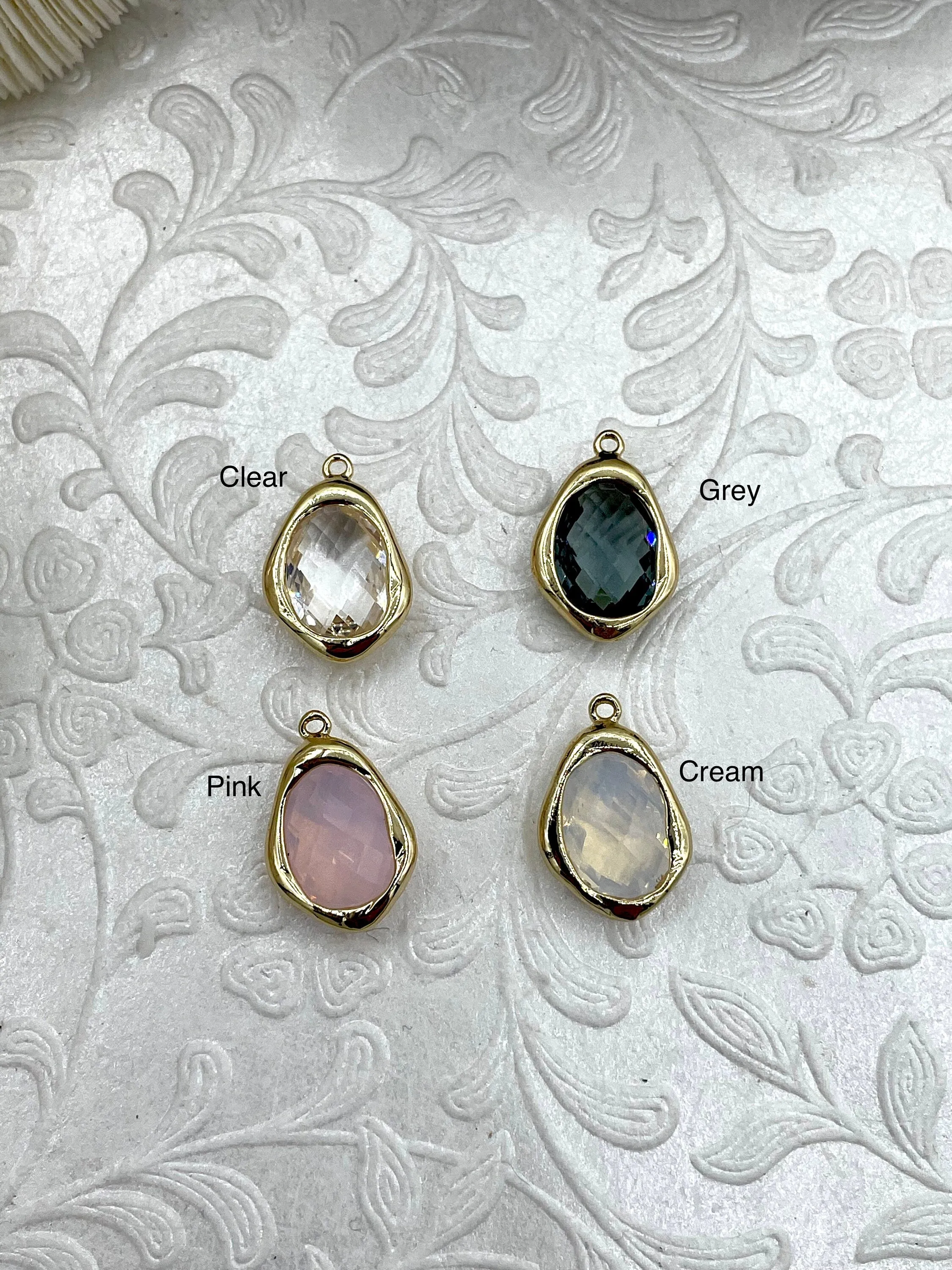 Gold Trimmed Crystal  Drop Pendants, Gold Trimmed Charms. Gold plated bezel, 4 styles, clear, grey, cream, and pink. Fast Ship Personal Style Fine Gift