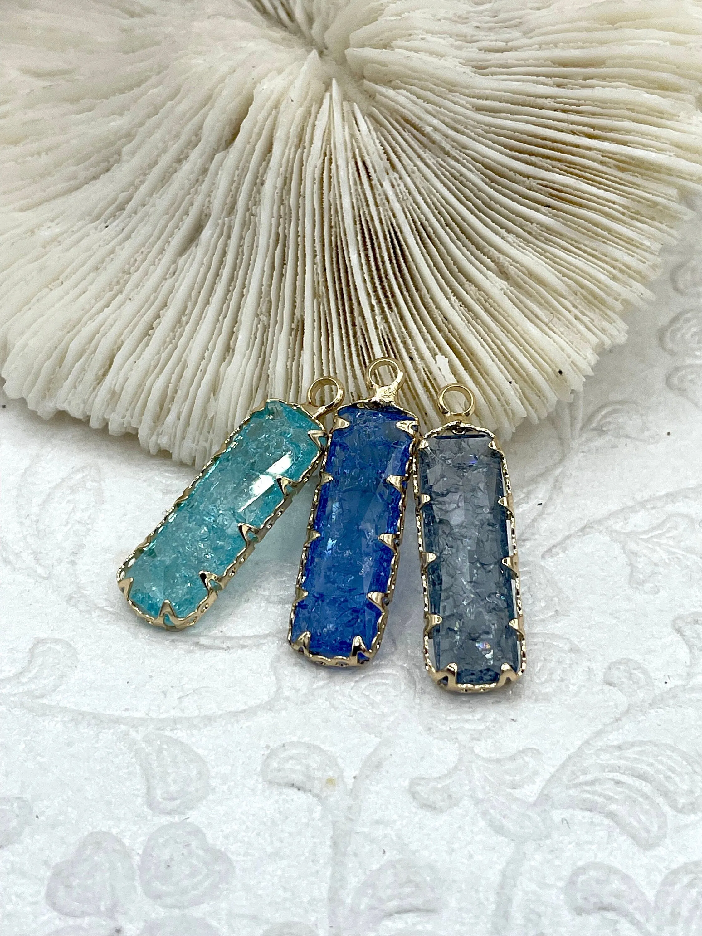 Gold Trimmed Rectangle Crystals, Colorful Rectangle Gold trimmed Pendants, Gold Trimmed Charms. Clear Crystal Charms 7 Colors, Fast Ship Carefree Day Modern Mood