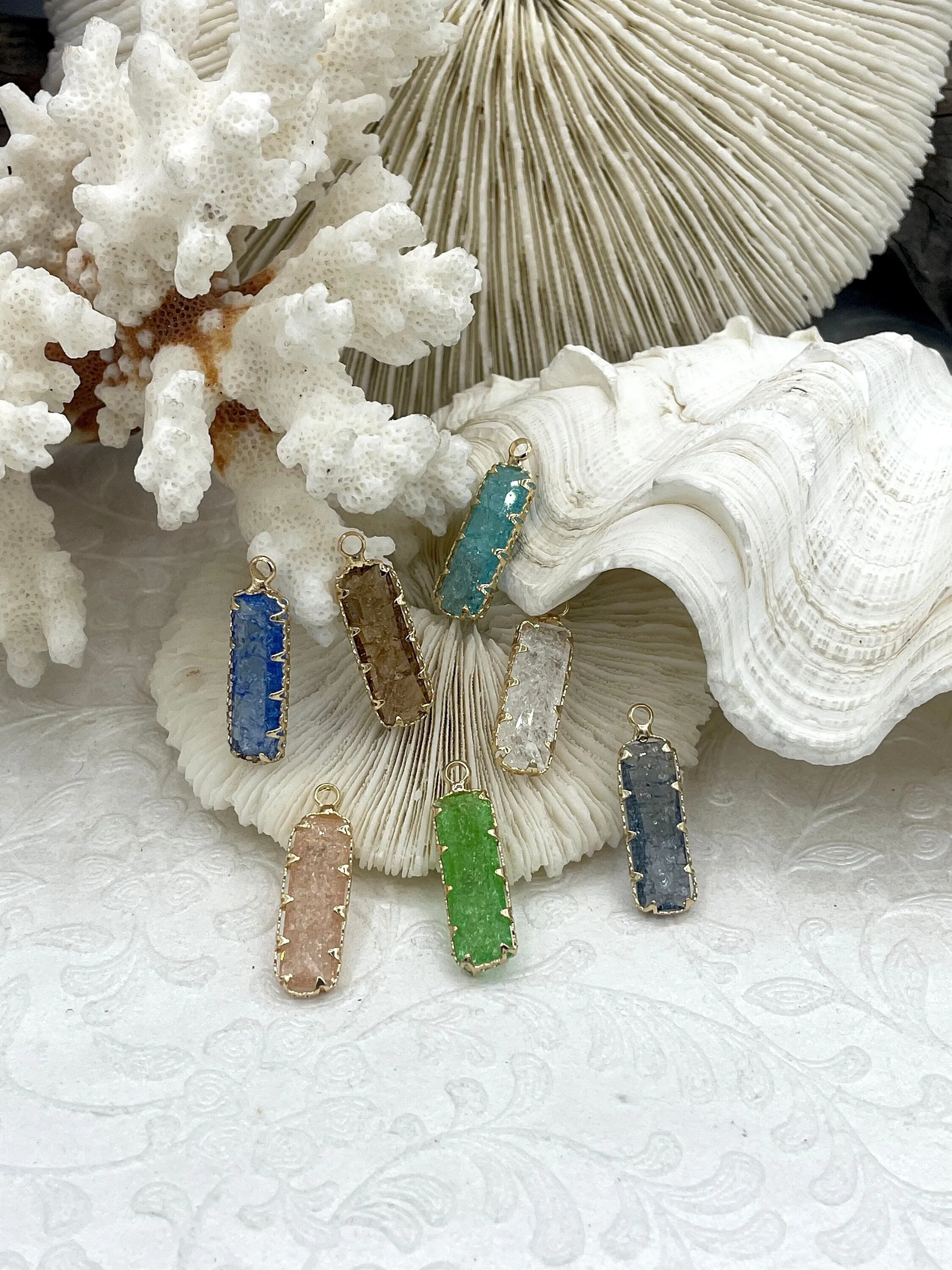 Gold Trimmed Rectangle Crystals, Colorful Rectangle Gold trimmed Pendants, Gold Trimmed Charms. Clear Crystal Charms 7 Colors, Fast Ship Luxury Accent Conscious Piece