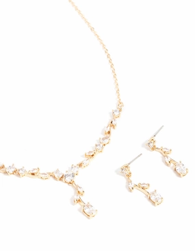 Gold Cubic Zirconia Flower Vine Necklace & Drop Earrings Set Enduring Shine
