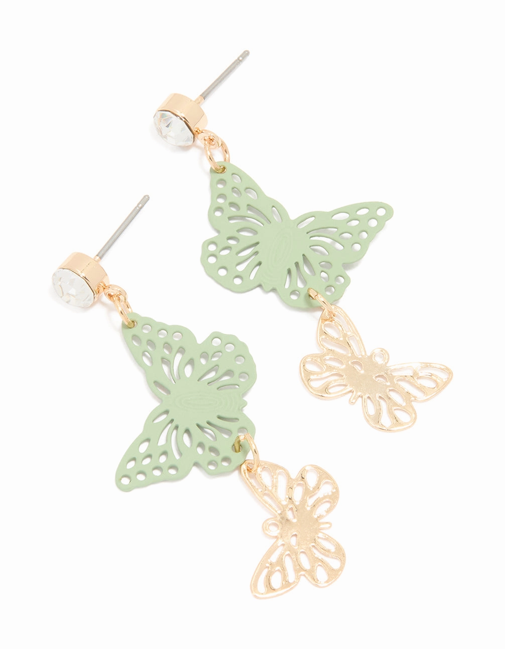 Gold Diamante & Green Coated Motel Butterfly Drop Earrings Bridal Touch