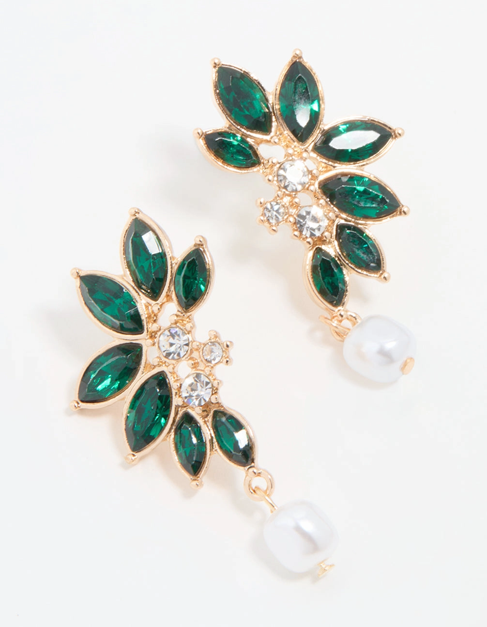 Timeless Favorite soft look Gold Green Diamante & Pearl Marquise Stud Earrings