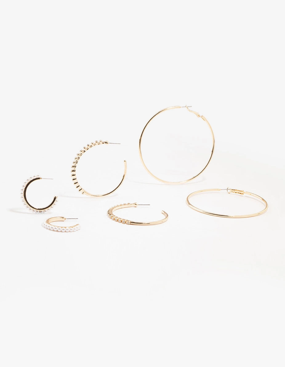 Gold Mixed Diamante & Pearl Hoop Earrings 3-Pack Glam Lookbook