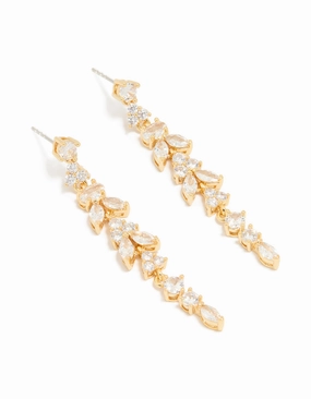 Handcrafted Touch Gold Plated Cubic Zirconia Elongated Vine Drop Earrings