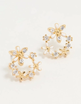 Shiny Embellishment Sculpted Accent Gold Plated Cubic Zirconia Flower Wreath Stud Earrings
