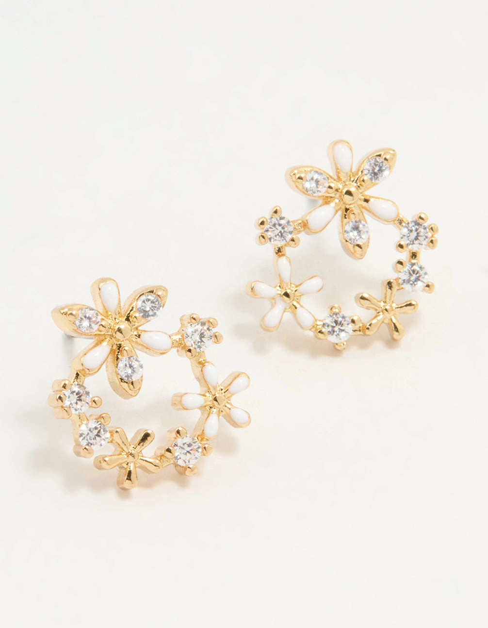 Shiny Embellishment Sculpted Accent Gold Plated Cubic Zirconia Flower Wreath Stud Earrings