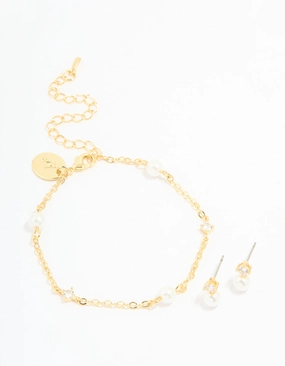 Glamorous Appeal Radiant Sparkle Gold Plated Cubic Zirconia Pearl Bracelet & Earrings Set