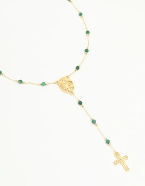 Gold Plated Green Semi Precious Stone Cross Y-Necklace Radiant Design