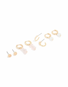 Gold Plated Rose Quartz & Pearl Huggie Earrings 4-Pack Dazzling Feature Artistic Touch