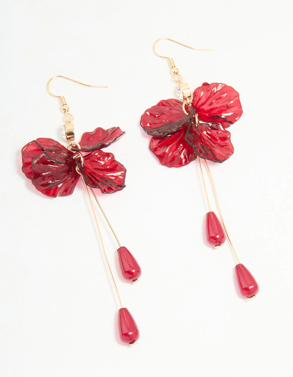Gold Red Beaded & Diamante Flower Drop Earrings Precious Appeal