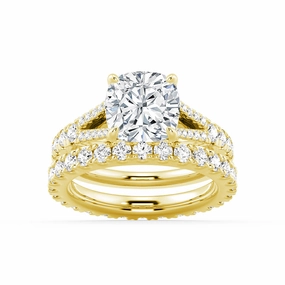 Charming Radiance Cushion Cut Split Shank Moissanite Ring Set with Matching Wedding Band