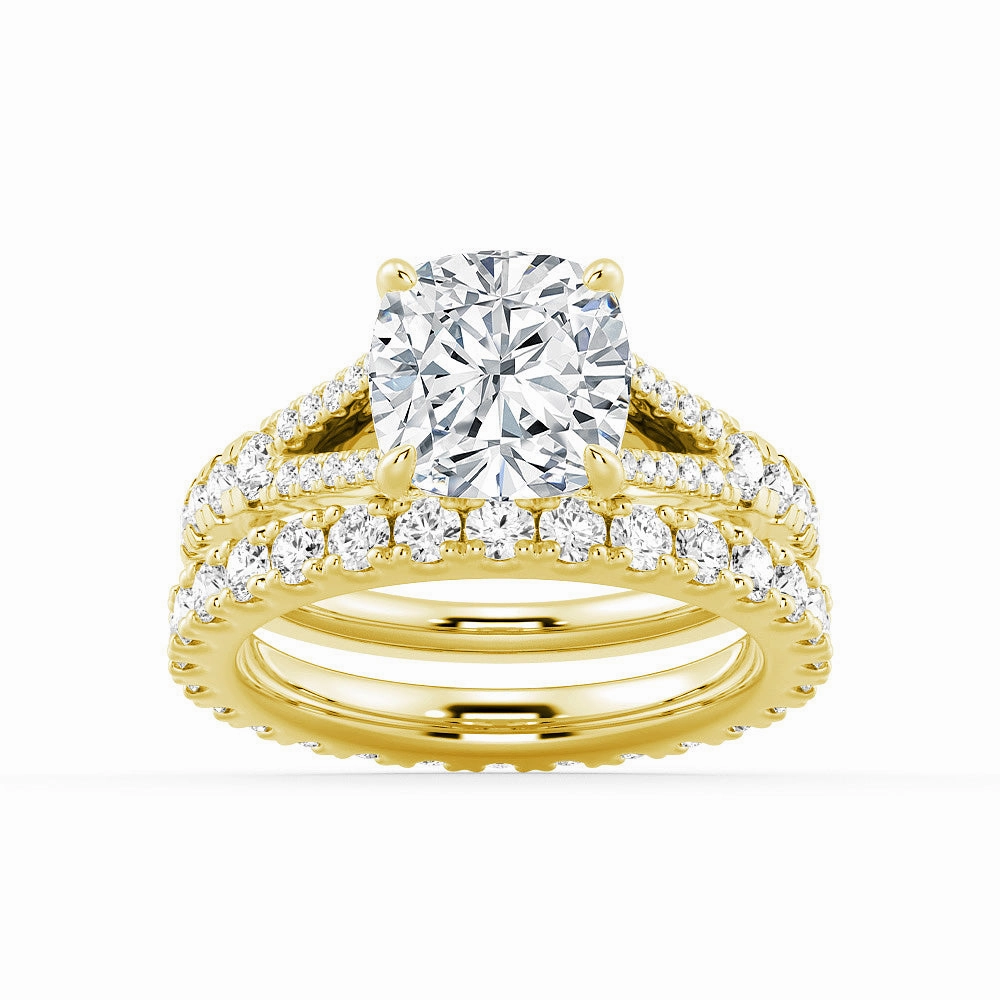 Timeless Presence Cushion Cut Split Shank Moissanite Ring Set with Matching Wedding Band
