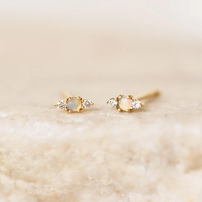 Opal & Diamond Stud Earrings 14k Gold - Kelda Evergreen style Exclusive Sparkle