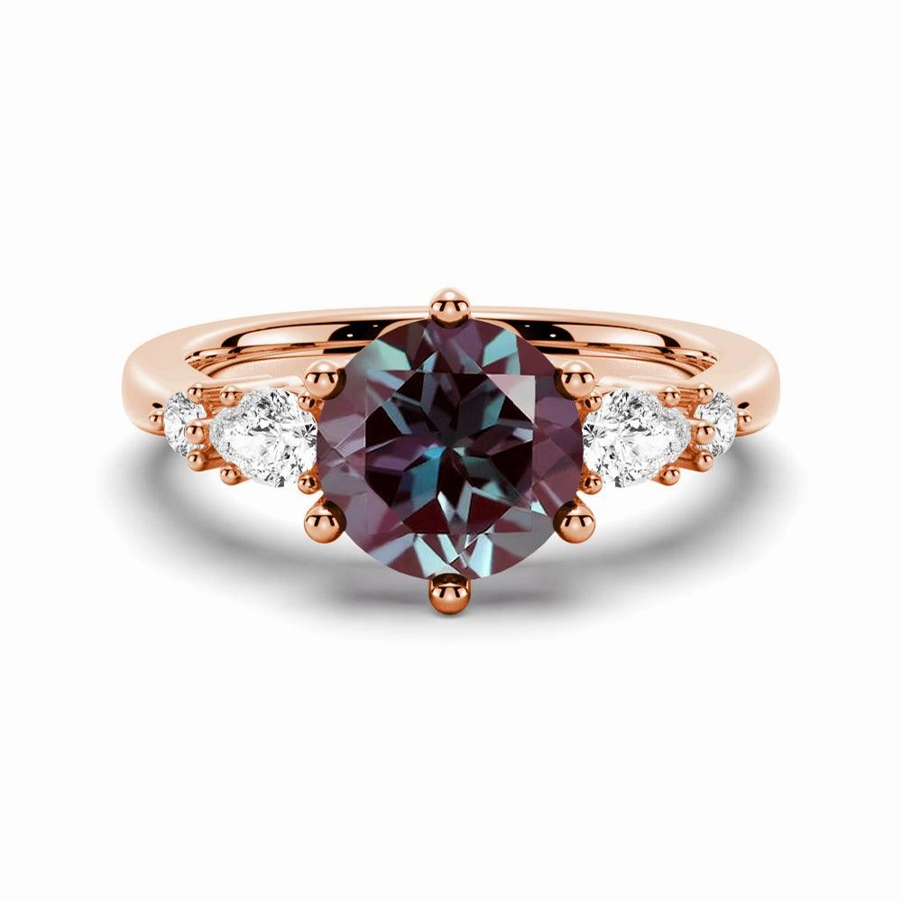 Gleaming Accent 2 CT. Round Cut Alexandrite Engagement Ring With Pear Shaped Moissanite Accents
