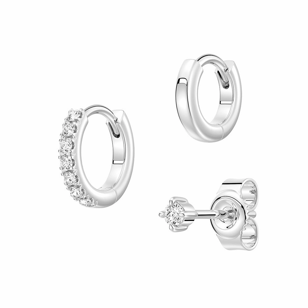 Modern Element Sophisticated Design Triple Stack Lab Diamond Stud and Hoop Earrings Set