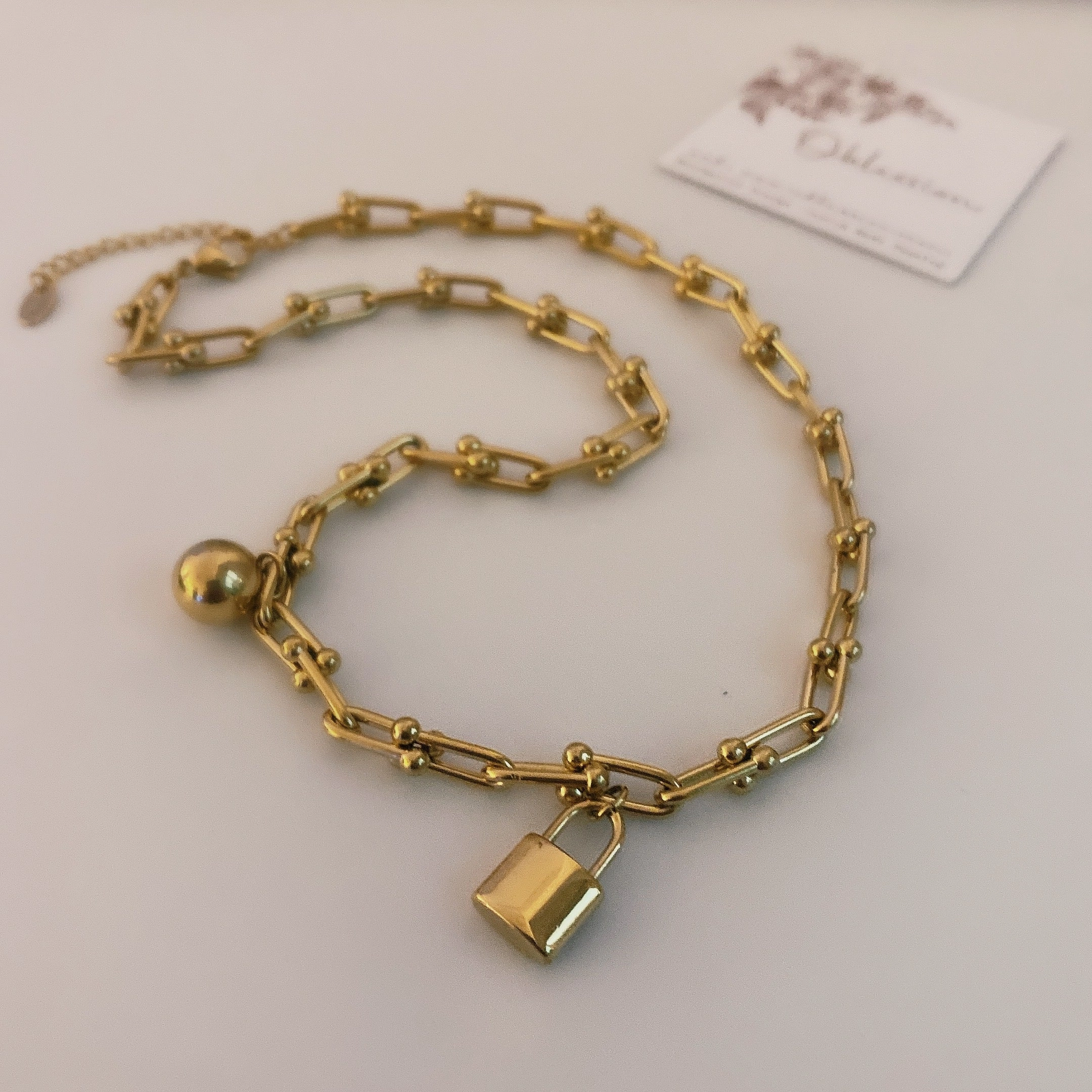 Valentine Gift Padlock & Ball Necklace Bracelet 18K Gold U-Link Chain l Horseshoe Charm Necklace Choker Bracelet with Lock and Sphere