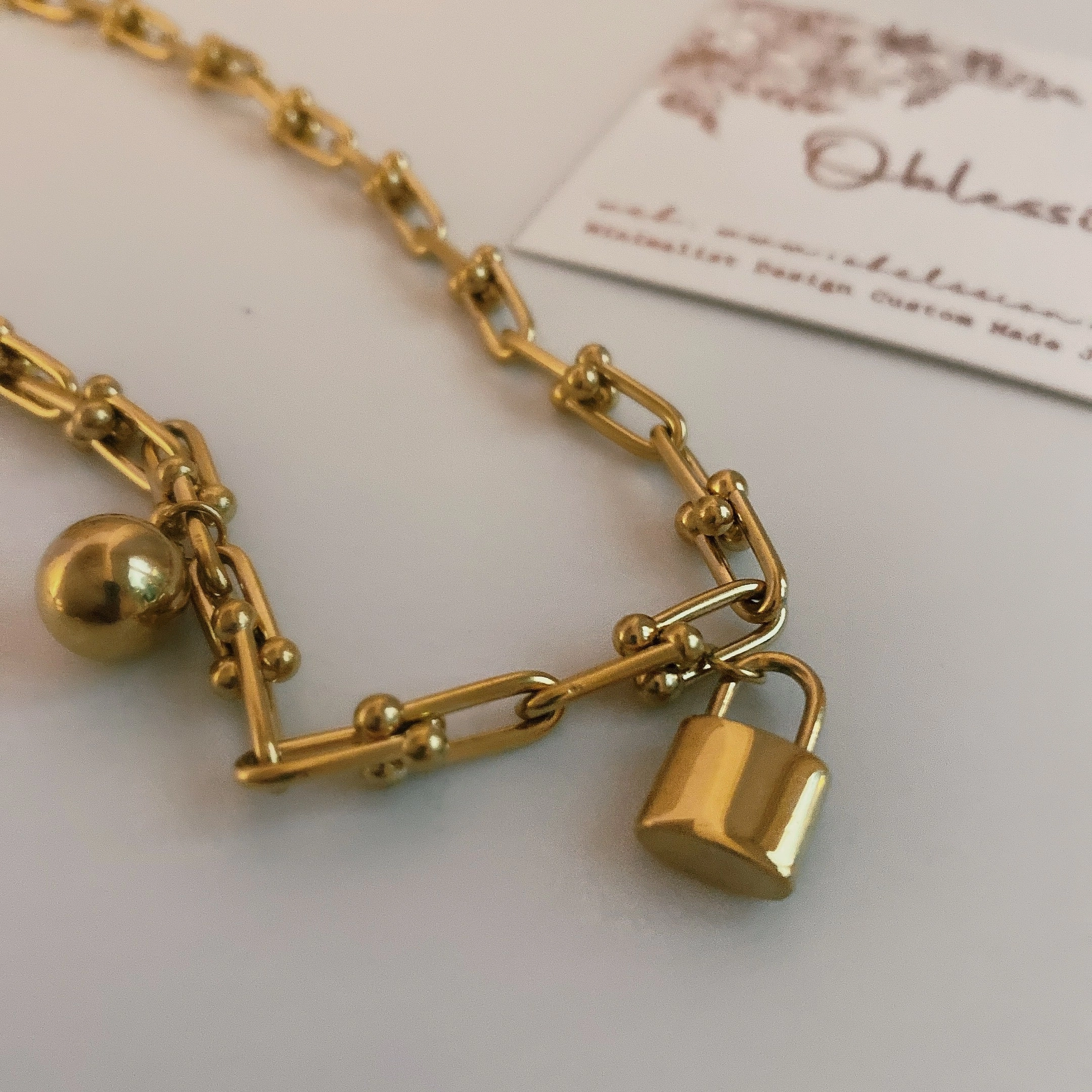 Padlock & Ball Necklace Bracelet 18K Gold U-Link Chain l Horseshoe Charm Necklace Choker Bracelet with Lock and Sphere Exclusive piece Fashion Statements