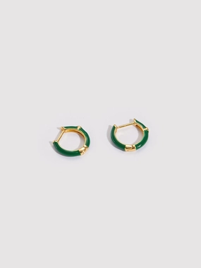 Lunette Green Enamel Huggie Hoop Earrings with Zirconia Gemstones Stunning Accent Fashionable Sparkle