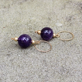 Large Amethyst Beads Gold Filled Dangle Earrings - February Birthstone Linear Trinket