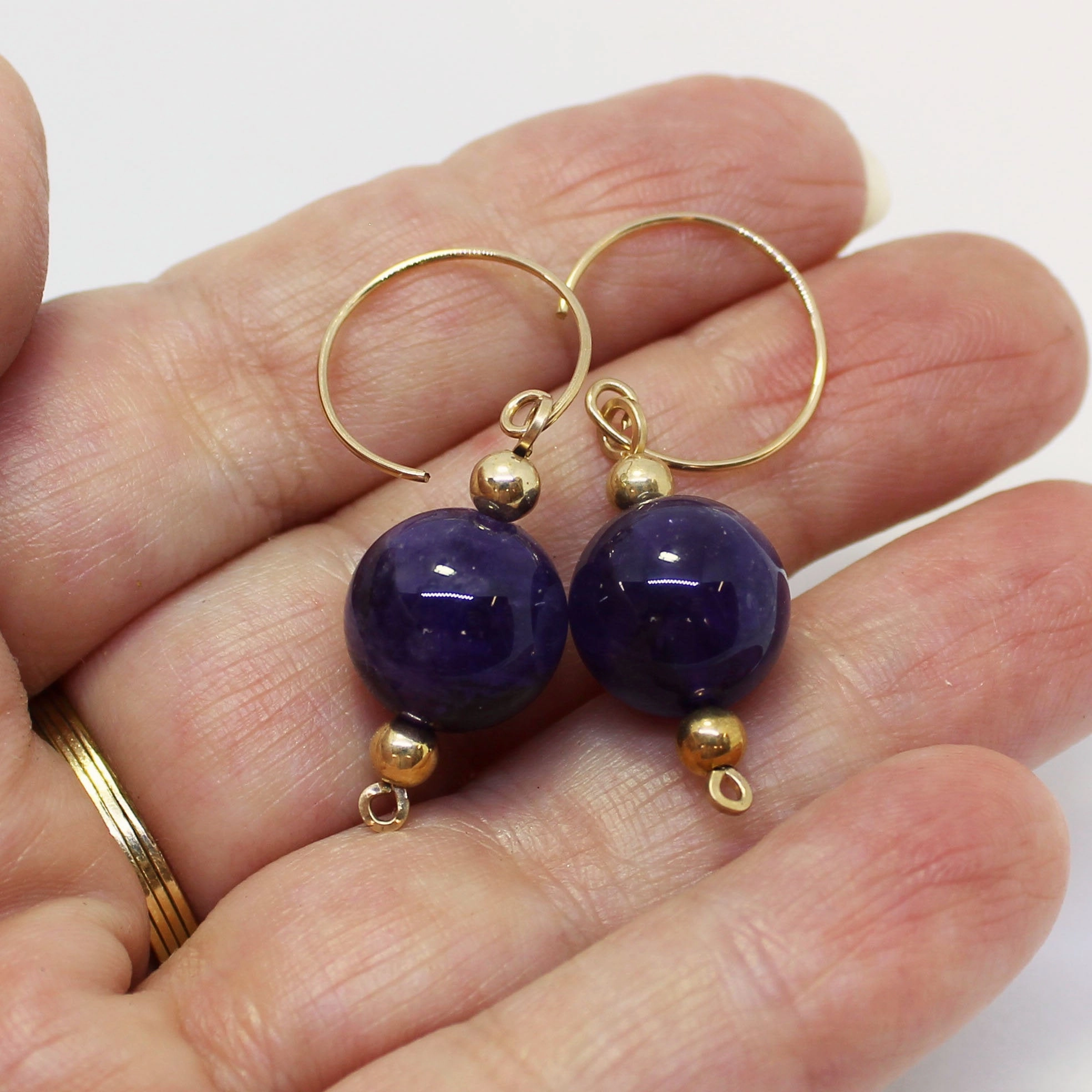 Large Amethyst Beads Gold Filled Dangle Earrings - February Birthstone Beach Adornment