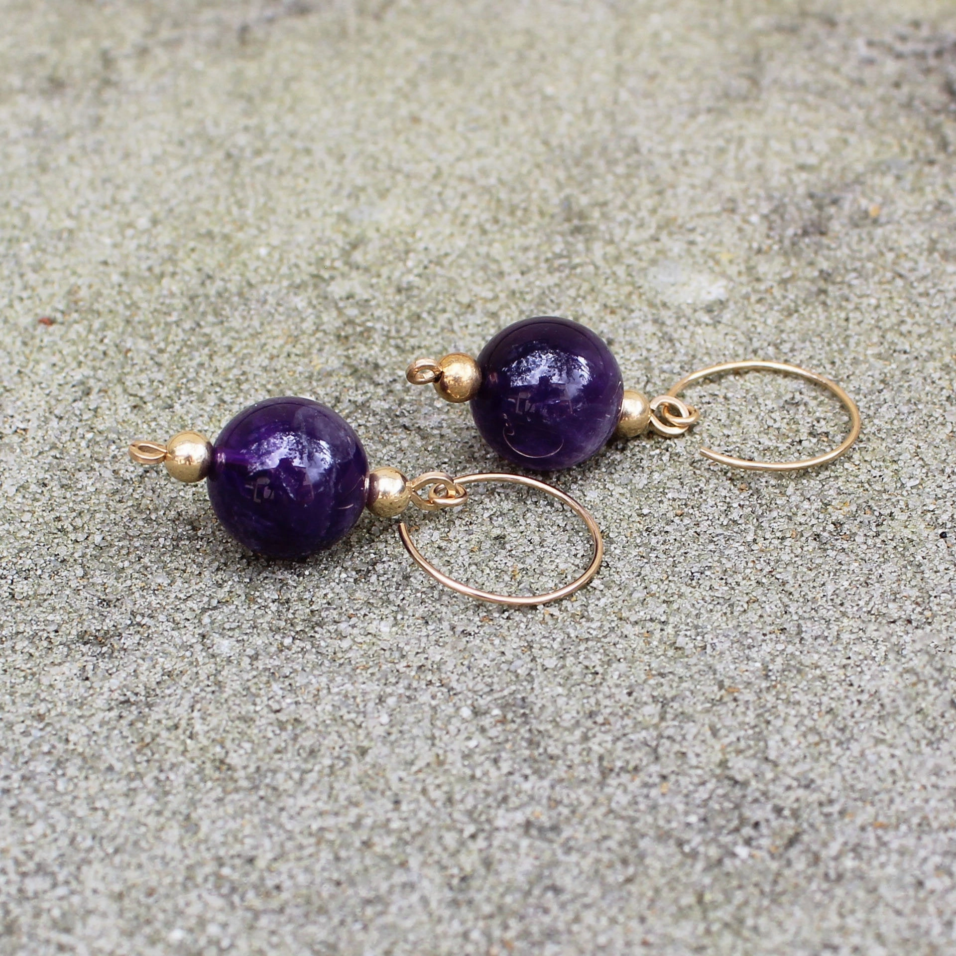 Large Amethyst Beads Gold Filled Dangle Earrings - February Birthstone Linear Trinket