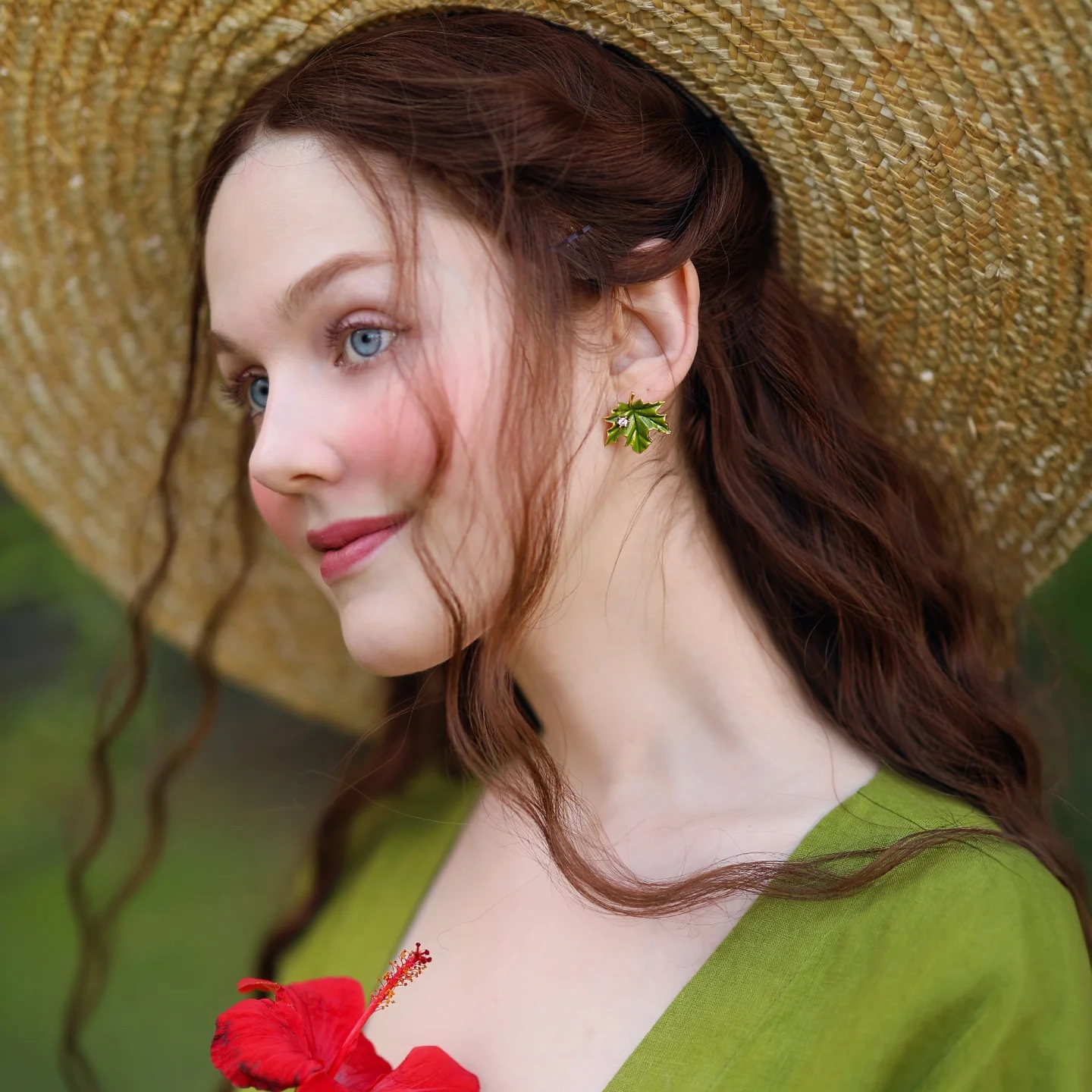 Green Maple Leaf Earrings Ornate Decor Sturdy Aesthetic
